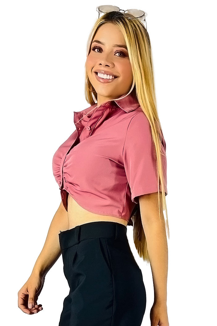 Blusa Crop Elegante con Frunce Central – Manga Corta