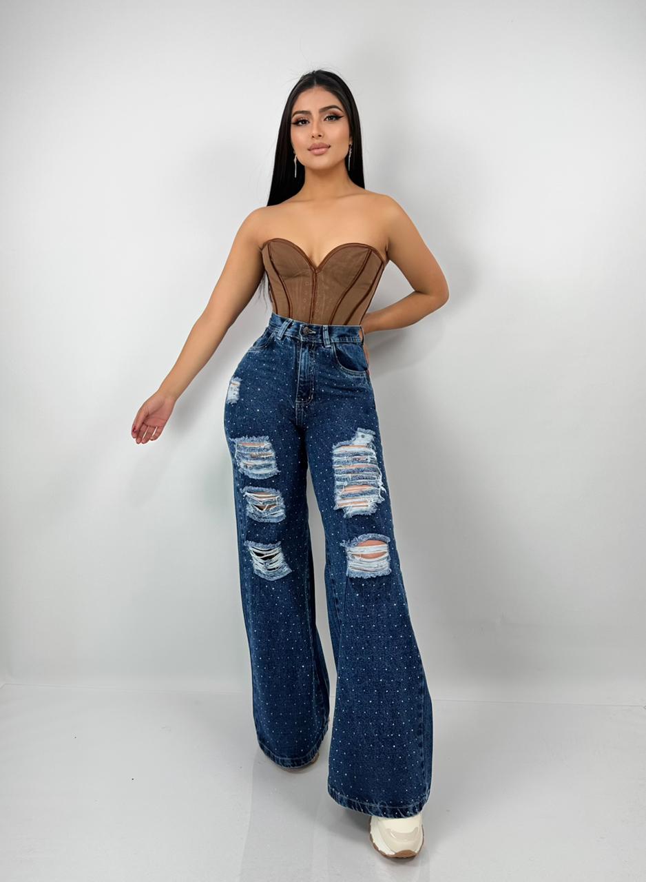 Jeans Wide Leg Strass Destroyed – Elegancia urbana con brillo propio