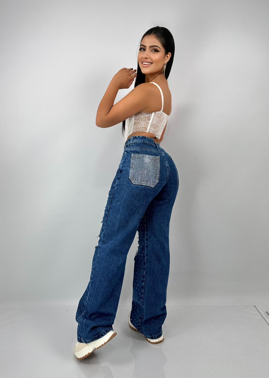 Jeans Wide Leg Strass Destroyed – Elegancia urbana con brillo propio