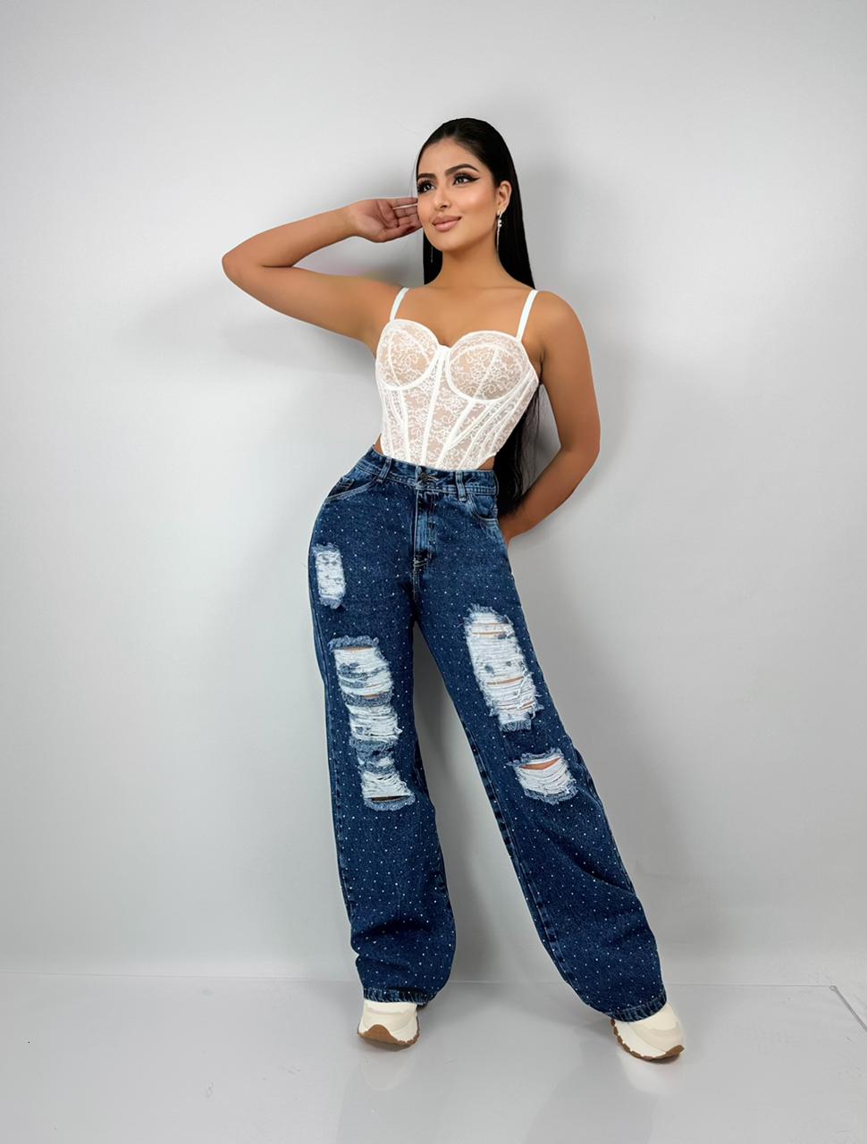 Jeans Wide Leg Strass Destroyed – Elegancia urbana con brillo propio